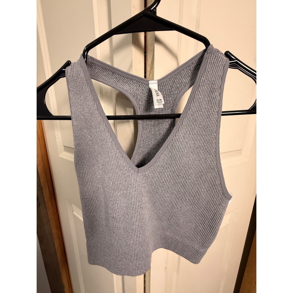 Zenana Womens Ribbed Racerback Tank Brami V-Neck Crop Gray Athleisure Size L/XL